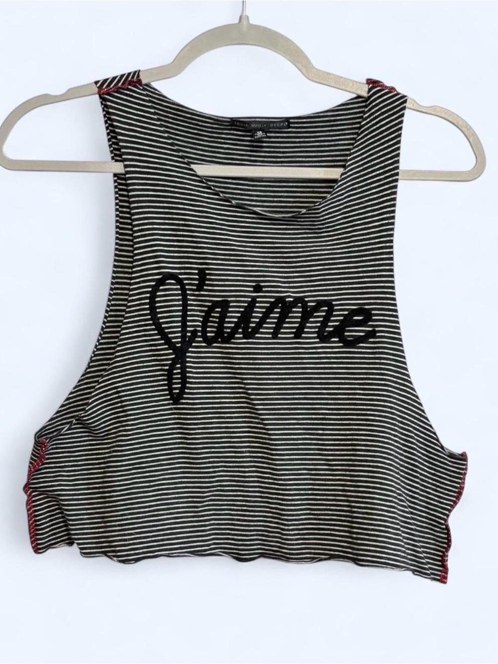 Urban Outfitters Truly Madly Deeply Black & White Striped Cropped  'J'aime' Tank